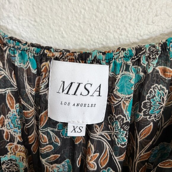 Misa Los Angeles Dress XS Black Blue Floral Mini Puff Sleeve Chiffon Boho - Picture 11 of 12